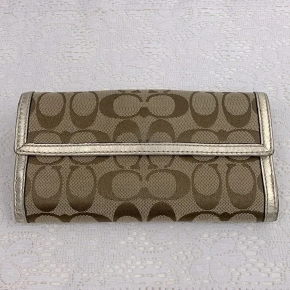 Vintage Coach Leather Fabric Wallet Signature C Turnkey opening Tan Gold shine - Picture 3 of 16